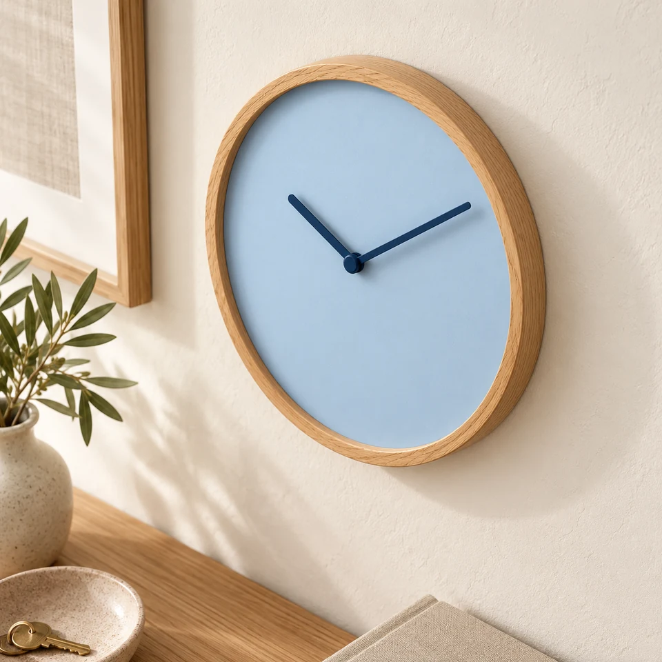Настенные часы «Ритм 0001», Дуб и голубой циферблат в уютном минималистичном интерьере — ракурс 3 из 4